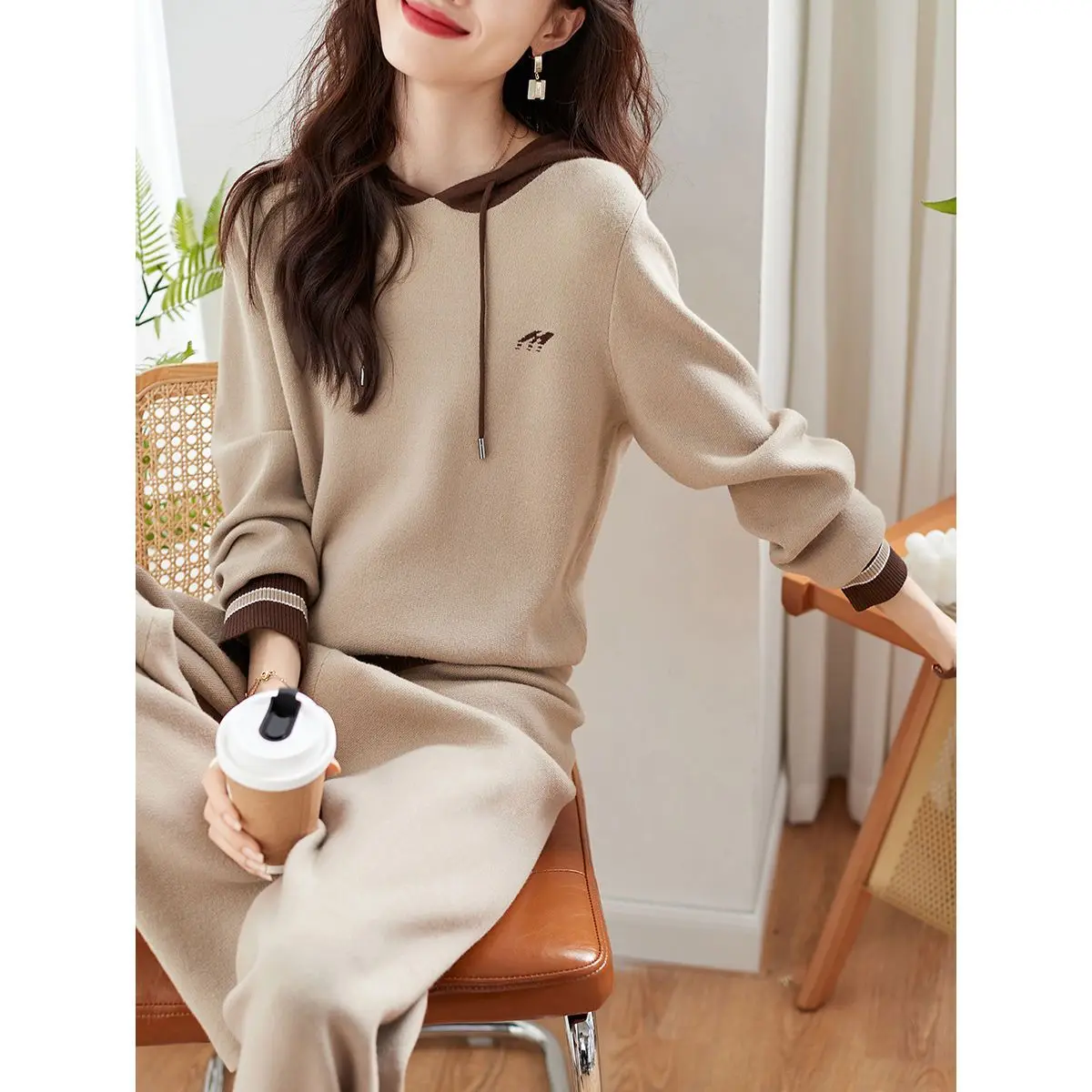 2024 Spring and Autumn New Fashion Korean Edition Slim and Versatile Style Contrast Colored Panel Hoodie Pants 2-piece Set