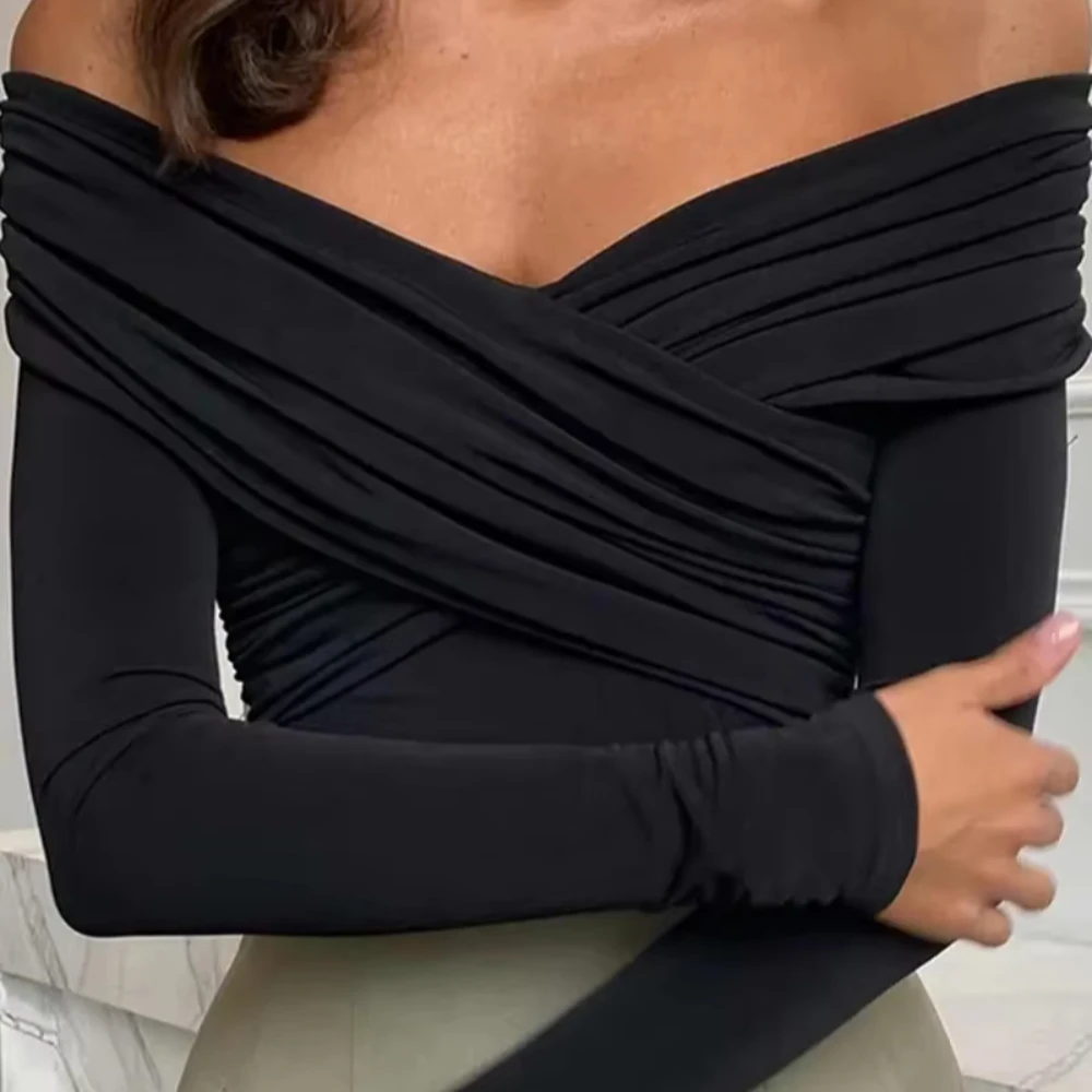 2025년 여름 신상품, 기품 있고 지적인 단색, 오프숄더, 플리츠, 약간 투명한 슬림핏 점프수트