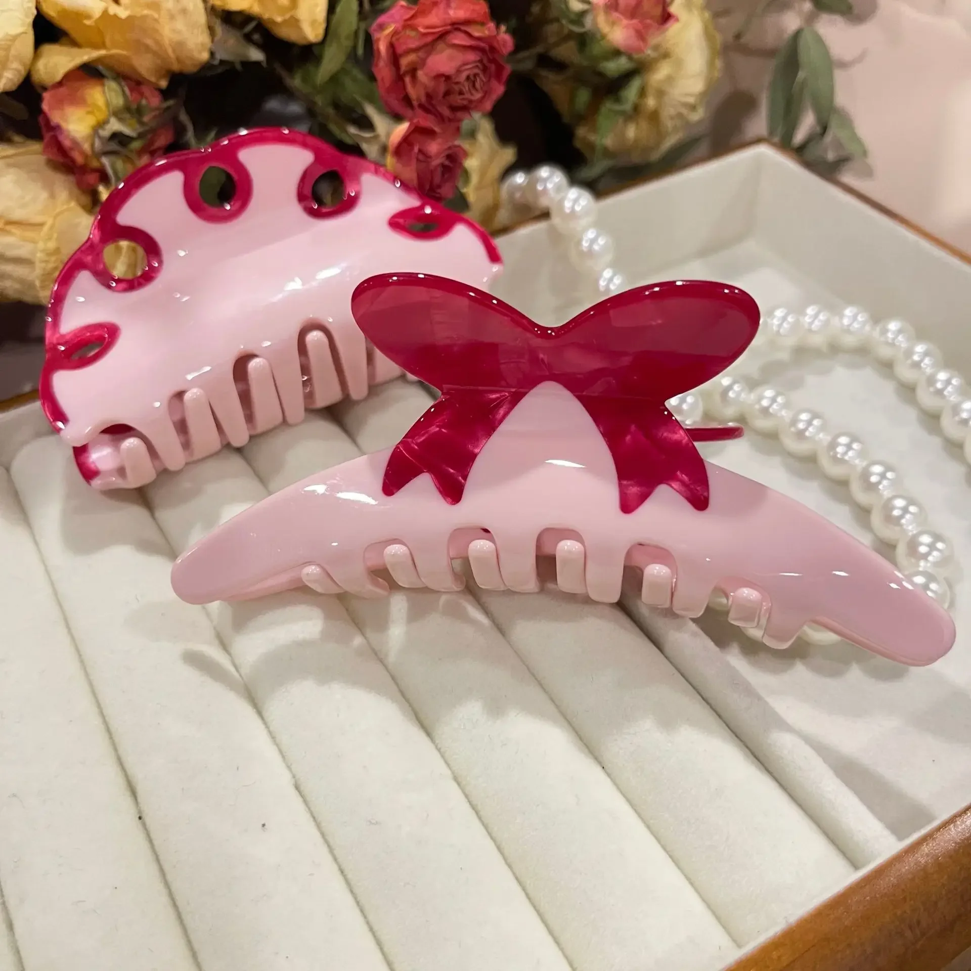 DuoShang Sweet Elegant Pink Bow Acetate Hair Claw Light Luxury Claw Clip Crab Hair Clip for Women Girl Nakrycia głowy Akcesoria do włosów