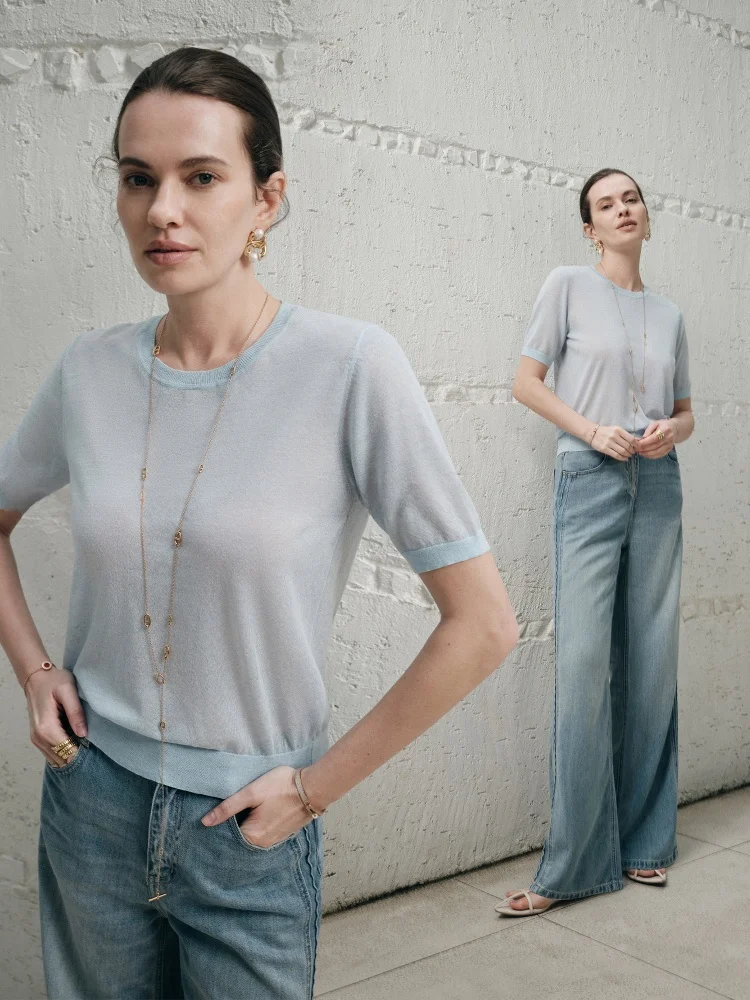 

Blancwings Ice Muscle Narrative Lightweight Cool Feeling Linen "Cool T" Summer ort Sve Knitted T-irt Women's Faion