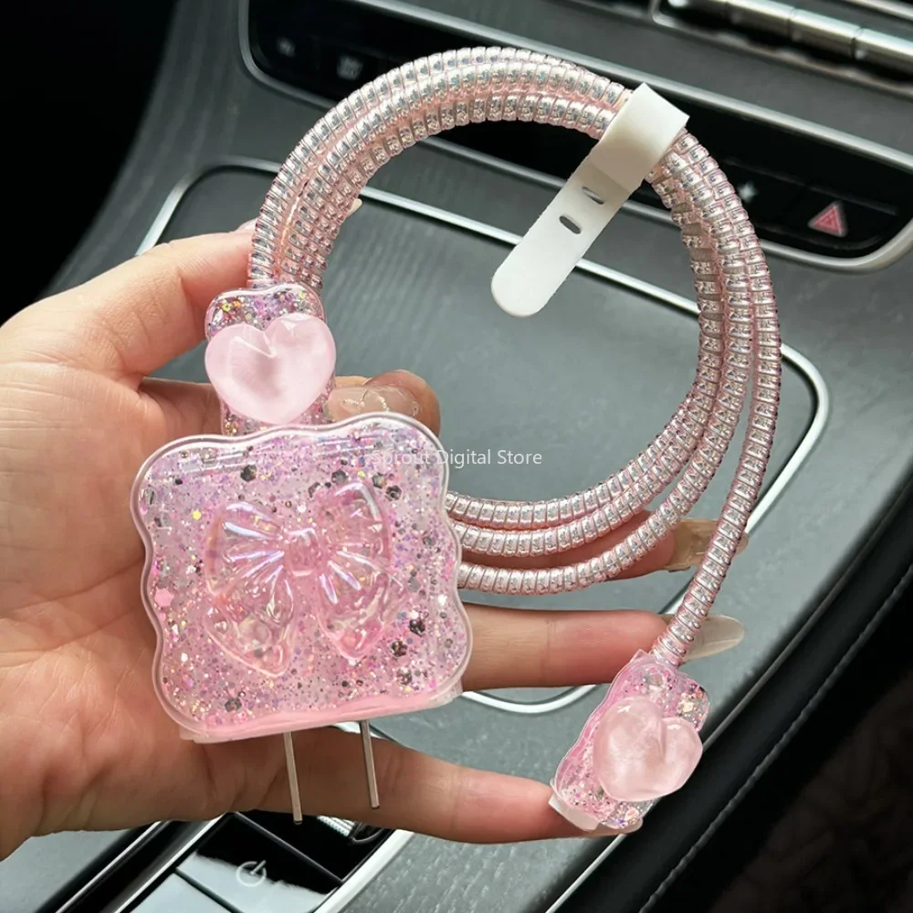 Glitter 3D Love Heart Wave Border USB Cable Protector Cover For iPhone 18W/20W Data Line Bite Head Cord Fast Charging Case