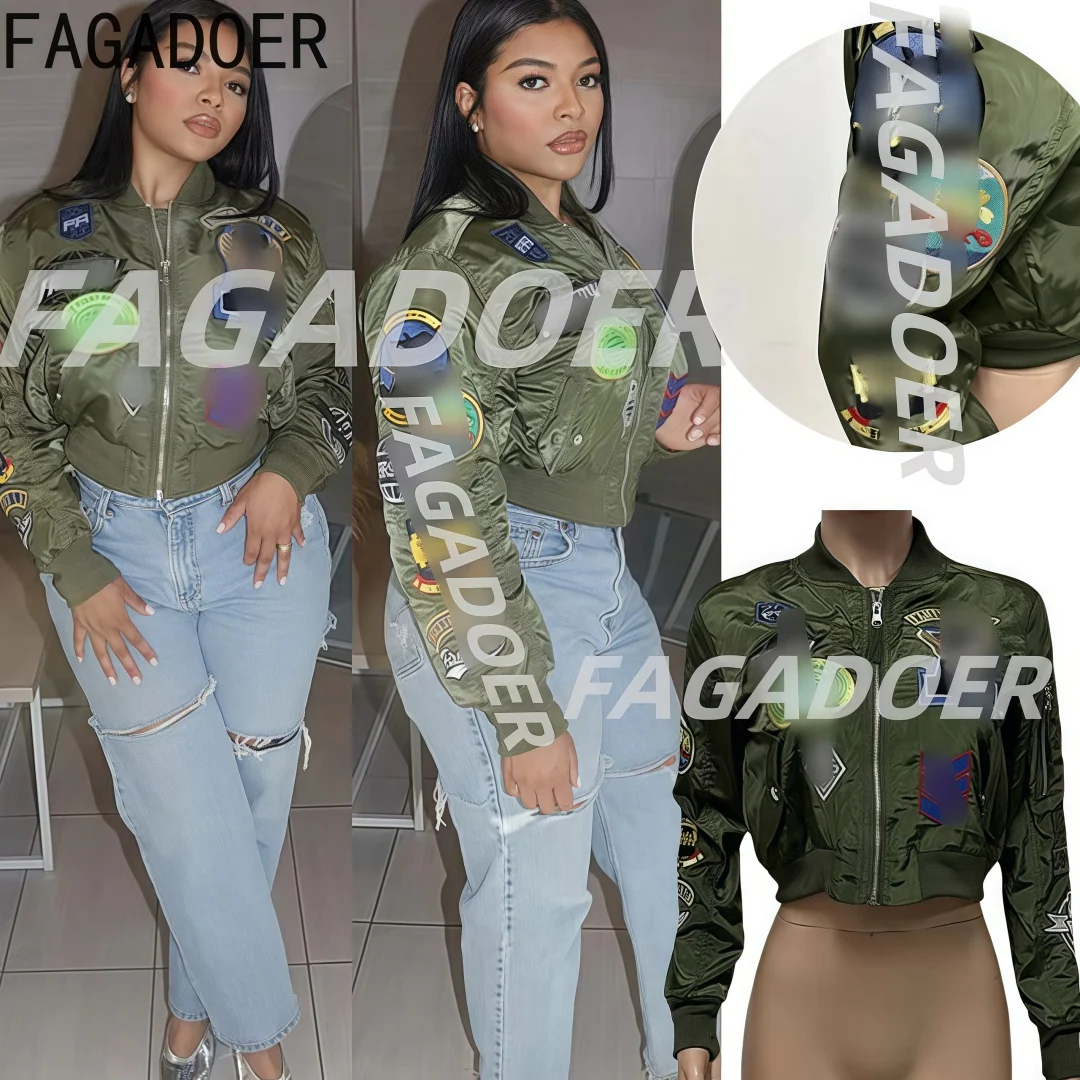 

FAGADOER High Quality Embroidery Jackets Women Fashion Letter Embroidery Zip Crop Jacket Female Y2K Streetwear Clothing 2025 New