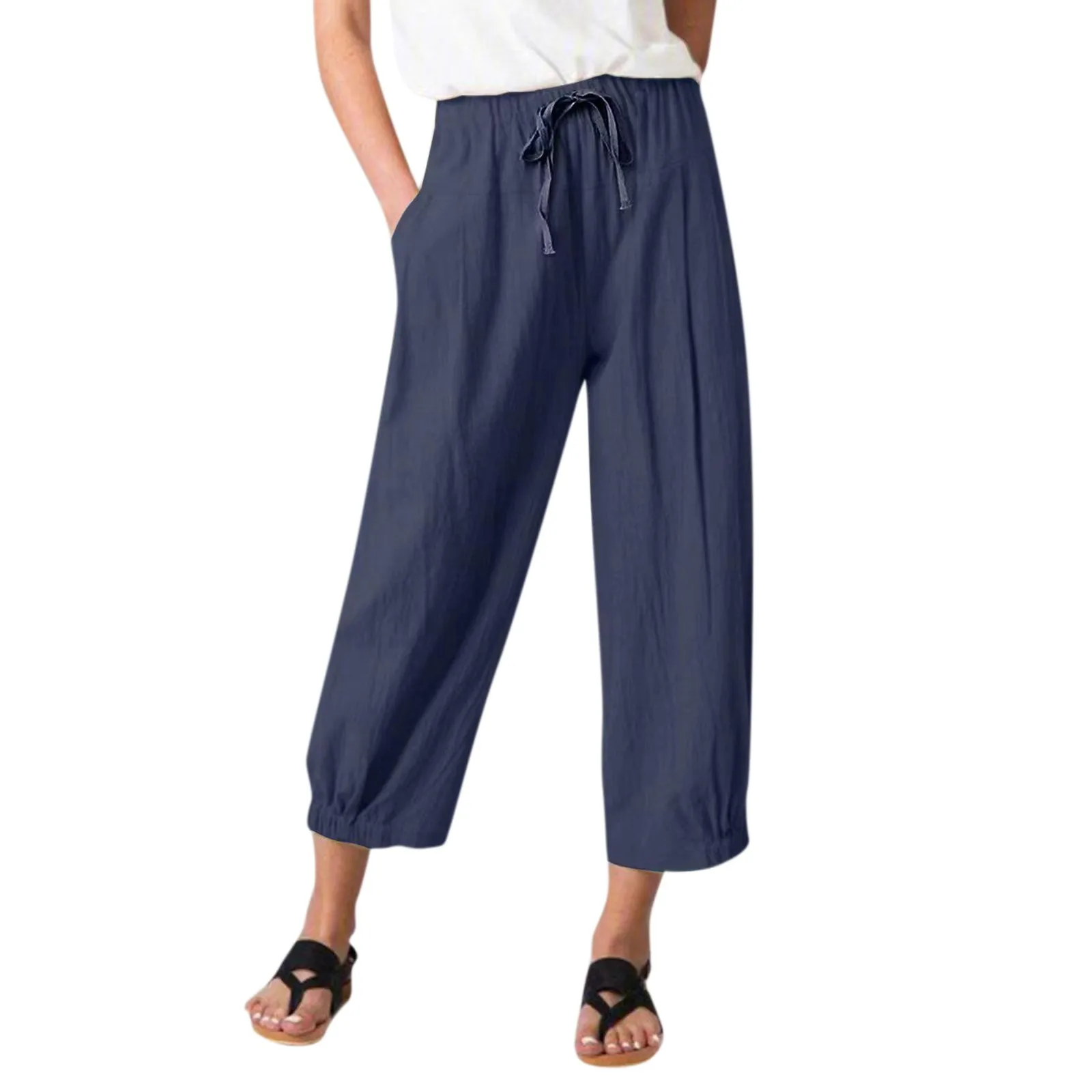 

Women'S Summer Pants Casual And Fashionable Cotton And Linen Drawstring Pants With Pockets Loose Straight Wide Leg Pants