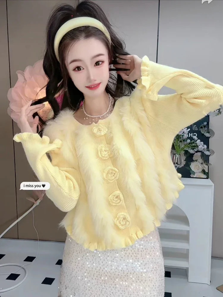 Neploe Fox Fur Exquisite Patchwork Warm Jumper 3D Flower Fluffy Korea Chic Loose Fungus Cardigan Knit Flare Sleeve Pull Femme