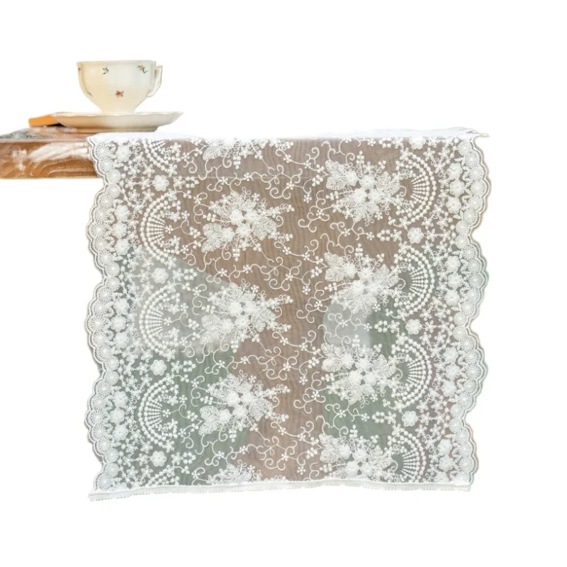 White lace table runner with three-dimensional embroidery, rectangular coffee table cover