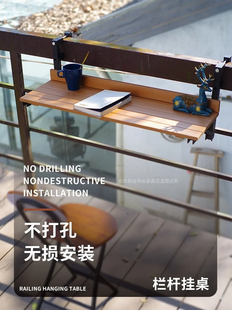 Outdoor Wooden Bar Coffee Table Balcony Foldable Hanging  Small Household Railing Furniture Study