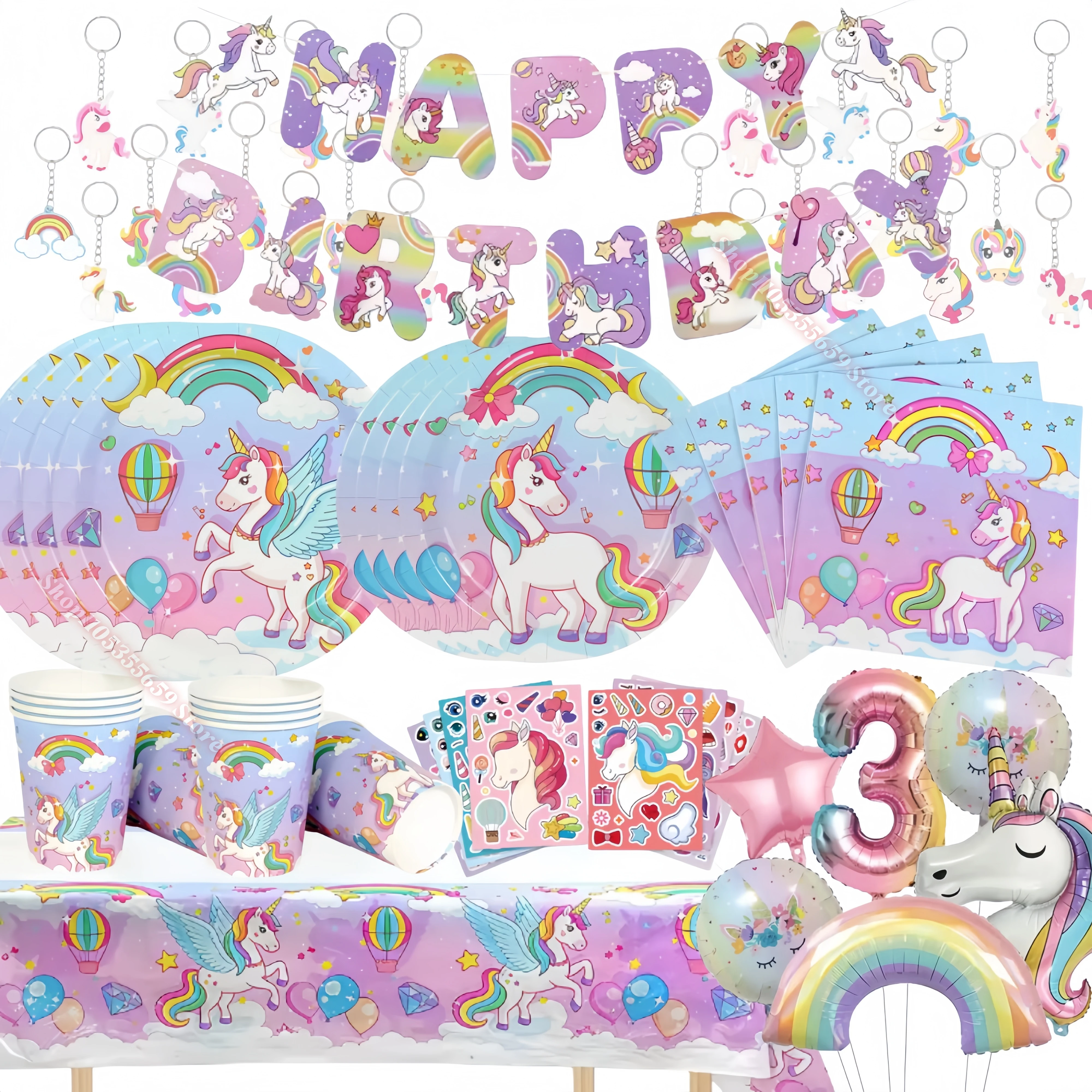 Decoración de Fiesta de Cumpleaños de Unicornio Arcoíris, Platos, Vasos, Globos, Pancarta, Pulseras, Llaveros, Recuerdos para Niñas, Regalos, Photo Booth