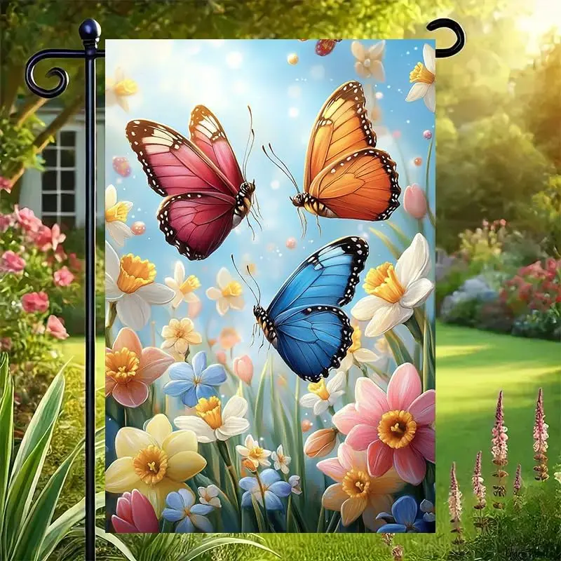 Spring Summer Garden Flag 12x18 Double Sided, Burlap Farmhouse Rustic Butterfly Narcissus Flowers Garden Flags Summer Outdoo AAS