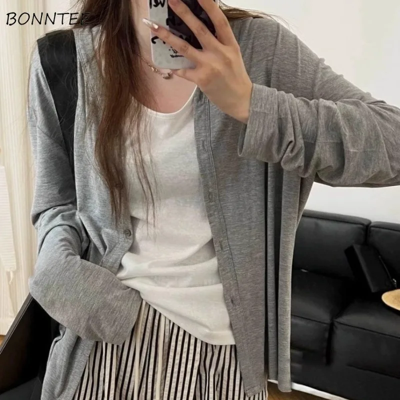 

Cardigan Women V-neck Chic Long Sleeve Outwear All-match Solid Korean Fashion Casual Daily Simple Spring Classic Prevalent Ins