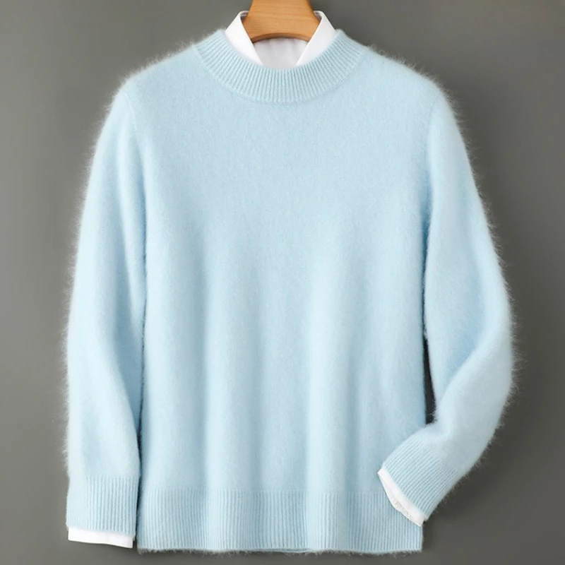 Men's 100% Wool Sweater, One-Piece Knit Semi-High Neck, Autumn-Winter Thermal, 12 Colors