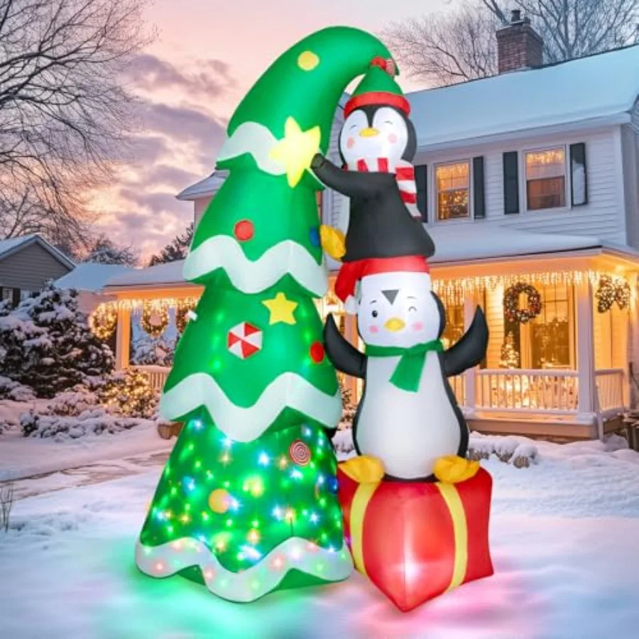 

7FT Inflatable Christmas Tree Outdoor Decorations, Blow up Christmas Tree with Penguins and Gift Box Yard Decorations, Build-in