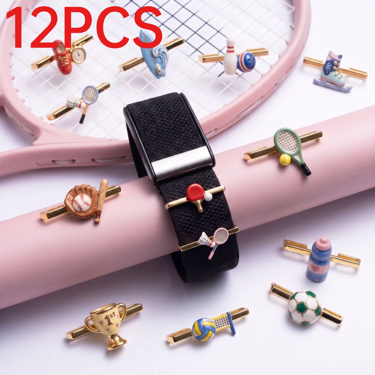 12Pcs Stainless Steel Sports Watch Band Charms Badminton Football Baseball Surfboard Trophy DIY Watch Strap Accessories