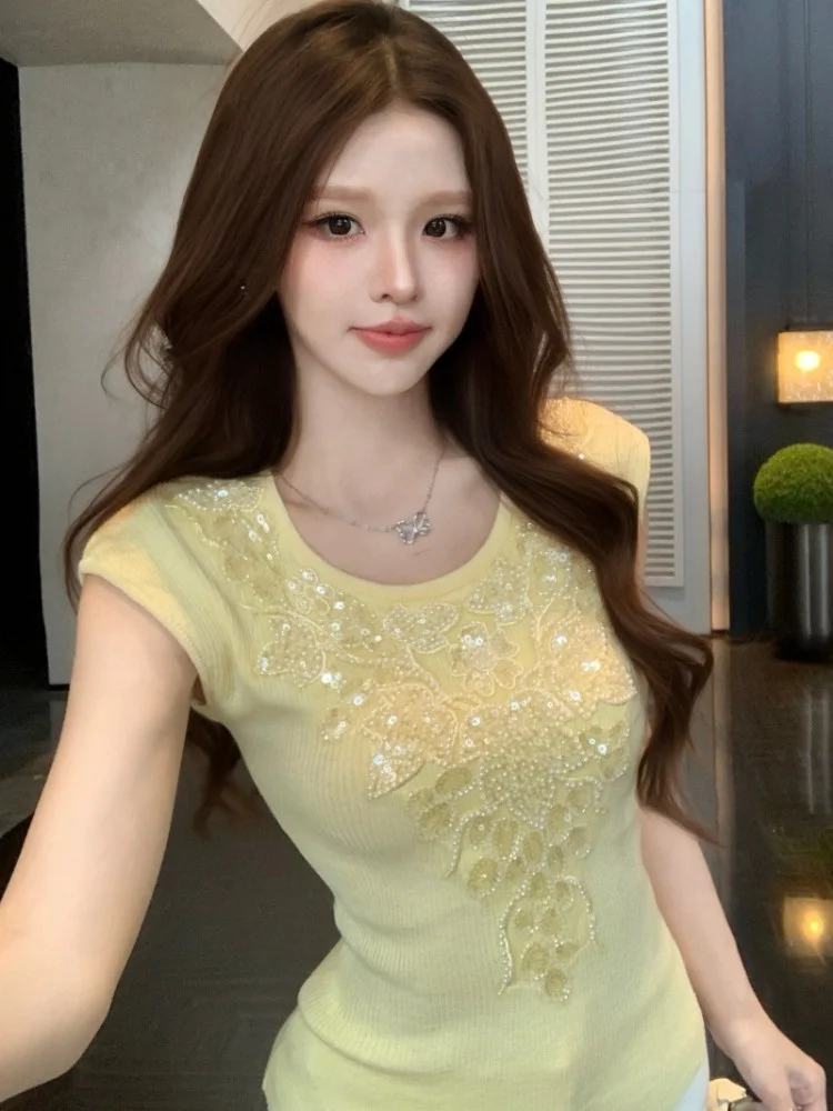 

Elegant Knitted Sequin Short Sleeve Women's Top Summer Slimming Base Shirt Korean Style City Walk Breathable Skin-Friendly