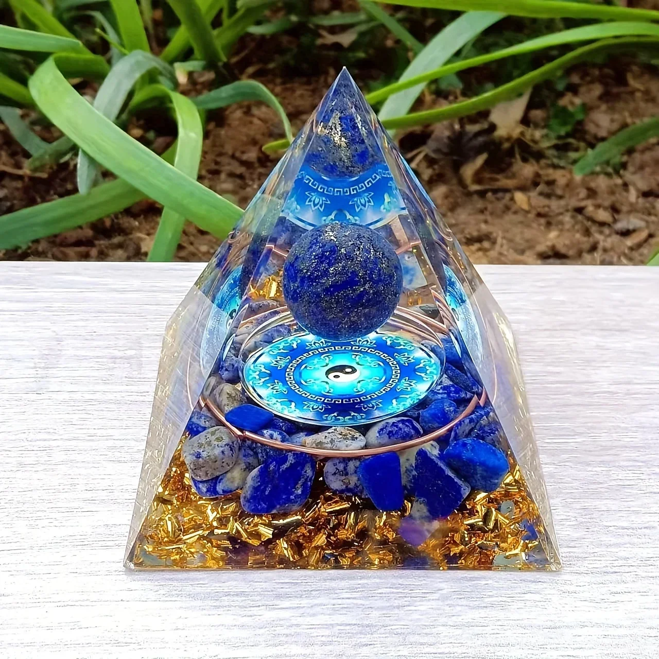 1Pc Orgone Pyramid Natural Lapis Lazuli Sphere, Energy Orgone Pyramid Stone Decoration Tai Chi Diagram Bedside Decoration