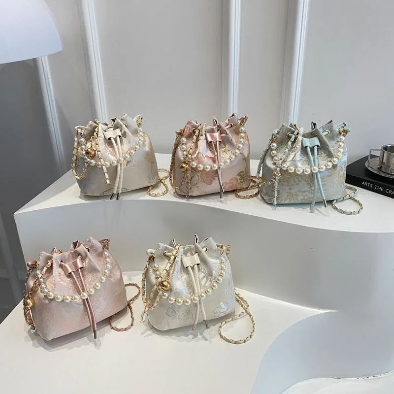 

2026 New Chinese Style Cheongsam Pearl Drawstring Bucket Bag Large Capacity Crossbody Handbag