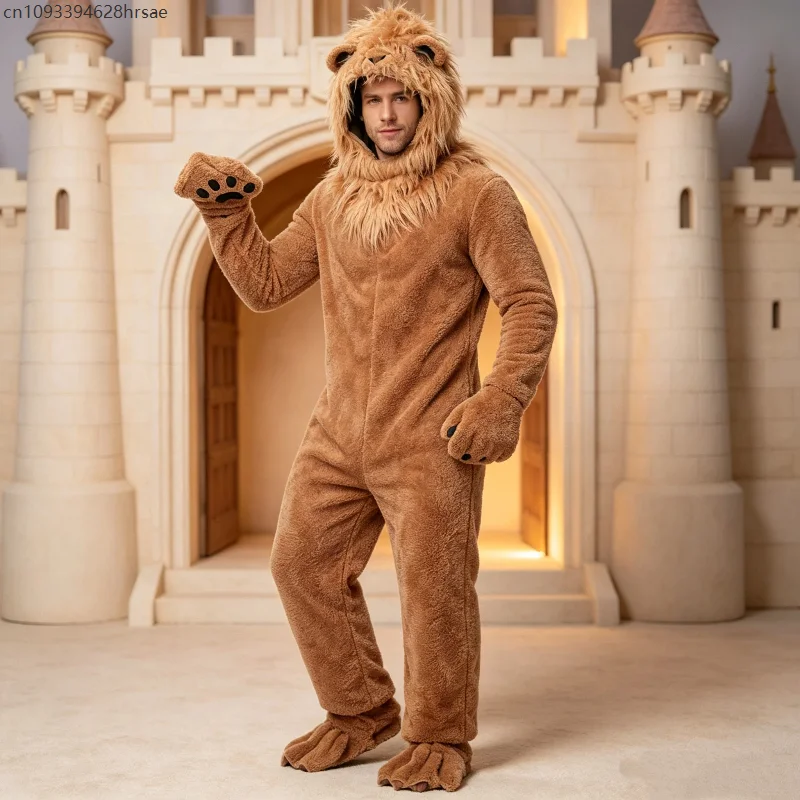 Unisex Plüsch-Löwen-Jumpsuit-Kostüm Ganzkörper-Tieranzug mit Pfotenhandschuhen und Kapuze Halloween-Karnevalsparty-Verkleidung