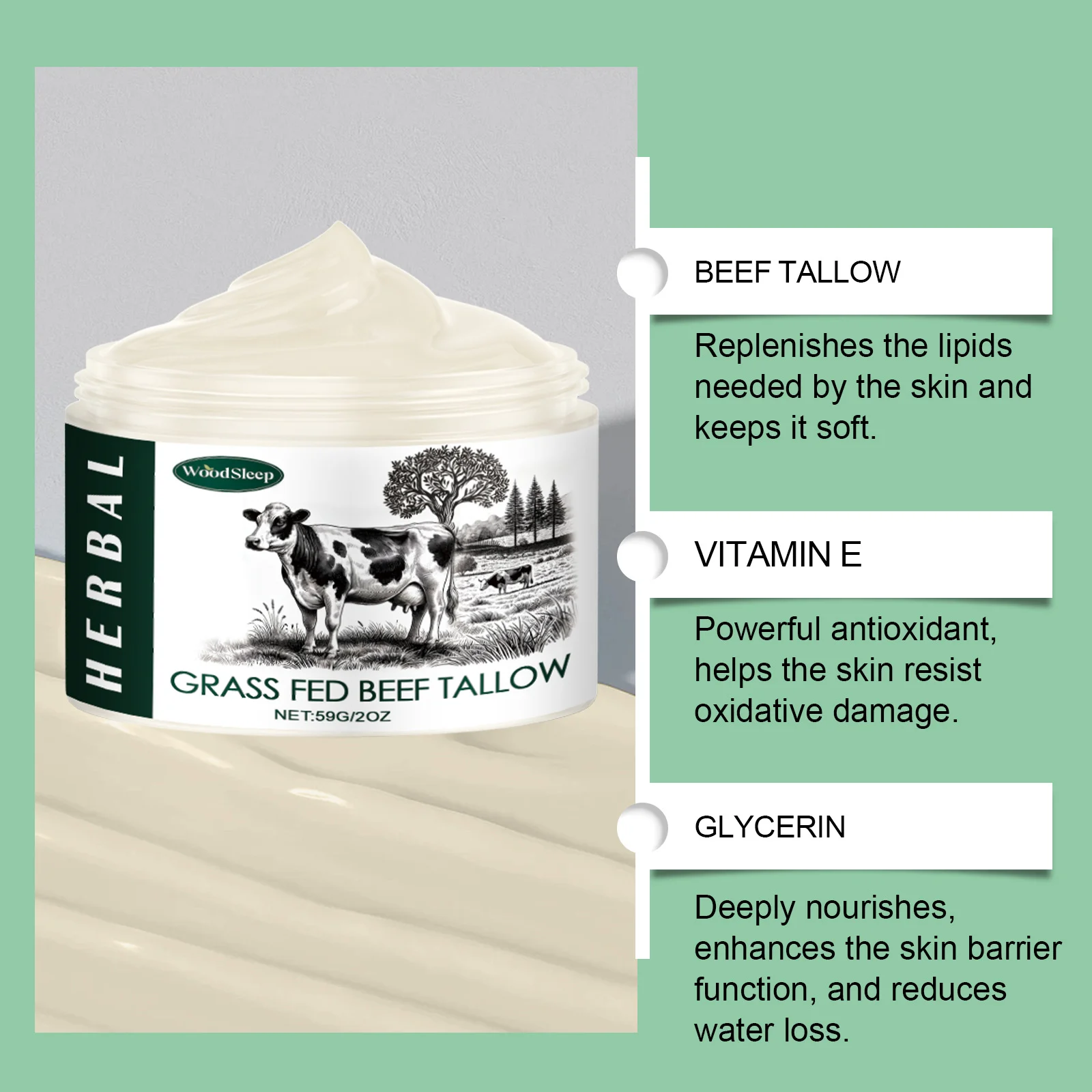 Beef Tallow Face Moisturizer Cream Honey Balm Soothing Redness Improve Dryness Finished Whipped Face Cream For Sensitive Skin