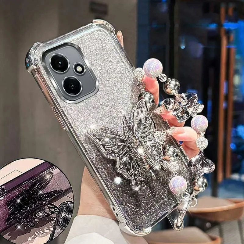 Coque de téléphone antichoc scintillante avec support papillon et bracelet de perles pour OnePlus 15, 13, 13T, 13R, 12, 12R, 11, 11R, Turbo 6
