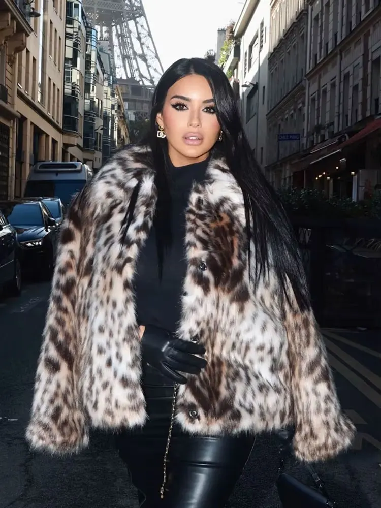

HH 2024 Female Winter Vintage Leopard Printed Fur Coat Long Sleeves Lapel Loose Warm Retro Jacket Causal Street Coats