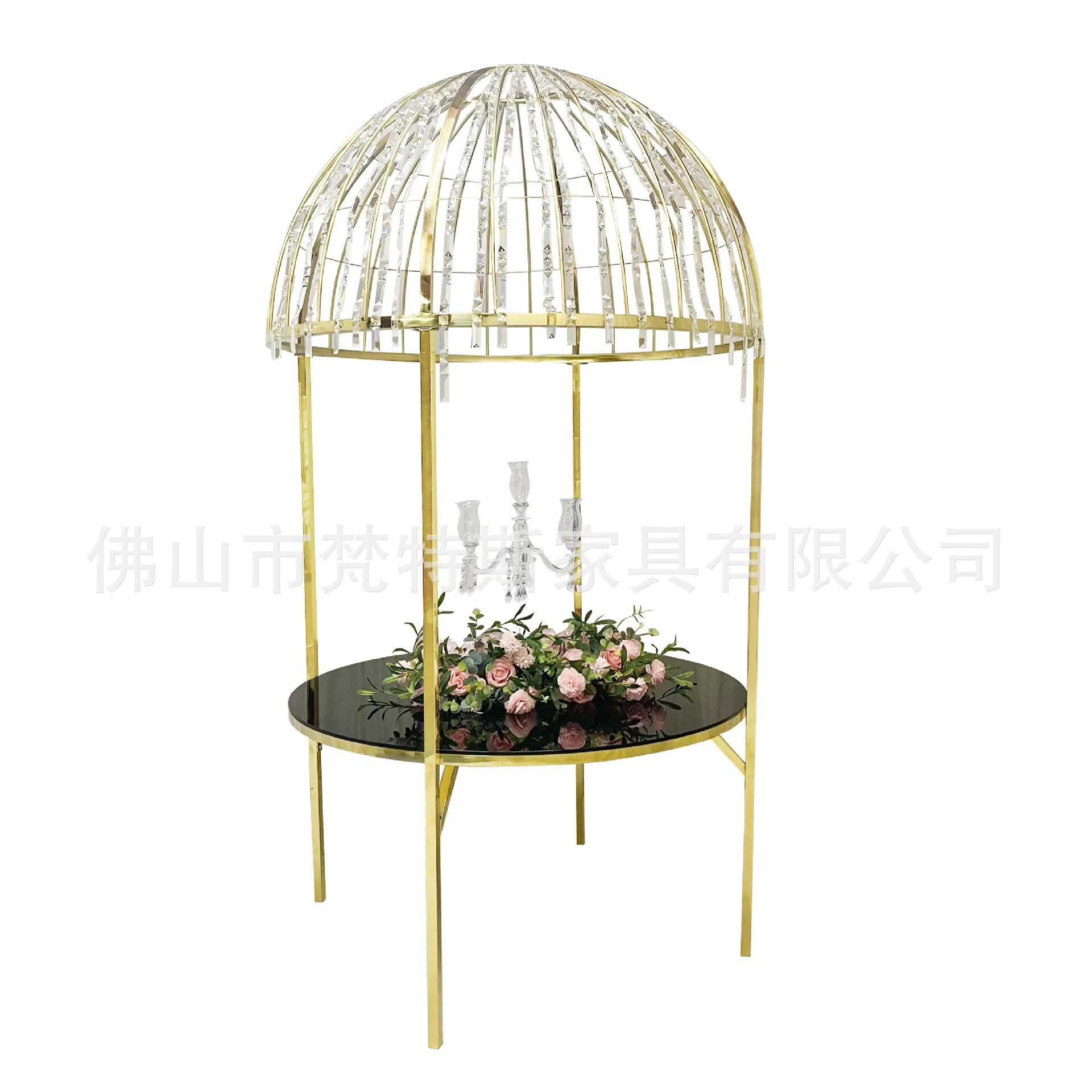 Deluxe Crystal Dome Stainless Steel Glass Birdcage Round Table for 4 People Wedding Dining Supplies