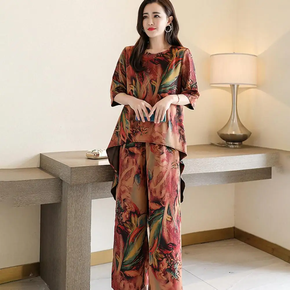 Retro Abstract Printing Wide Leg Pants Women Outfit Loose Full Length T-shirt Pants Set Half Sleeve Blouses Pants Matching Set