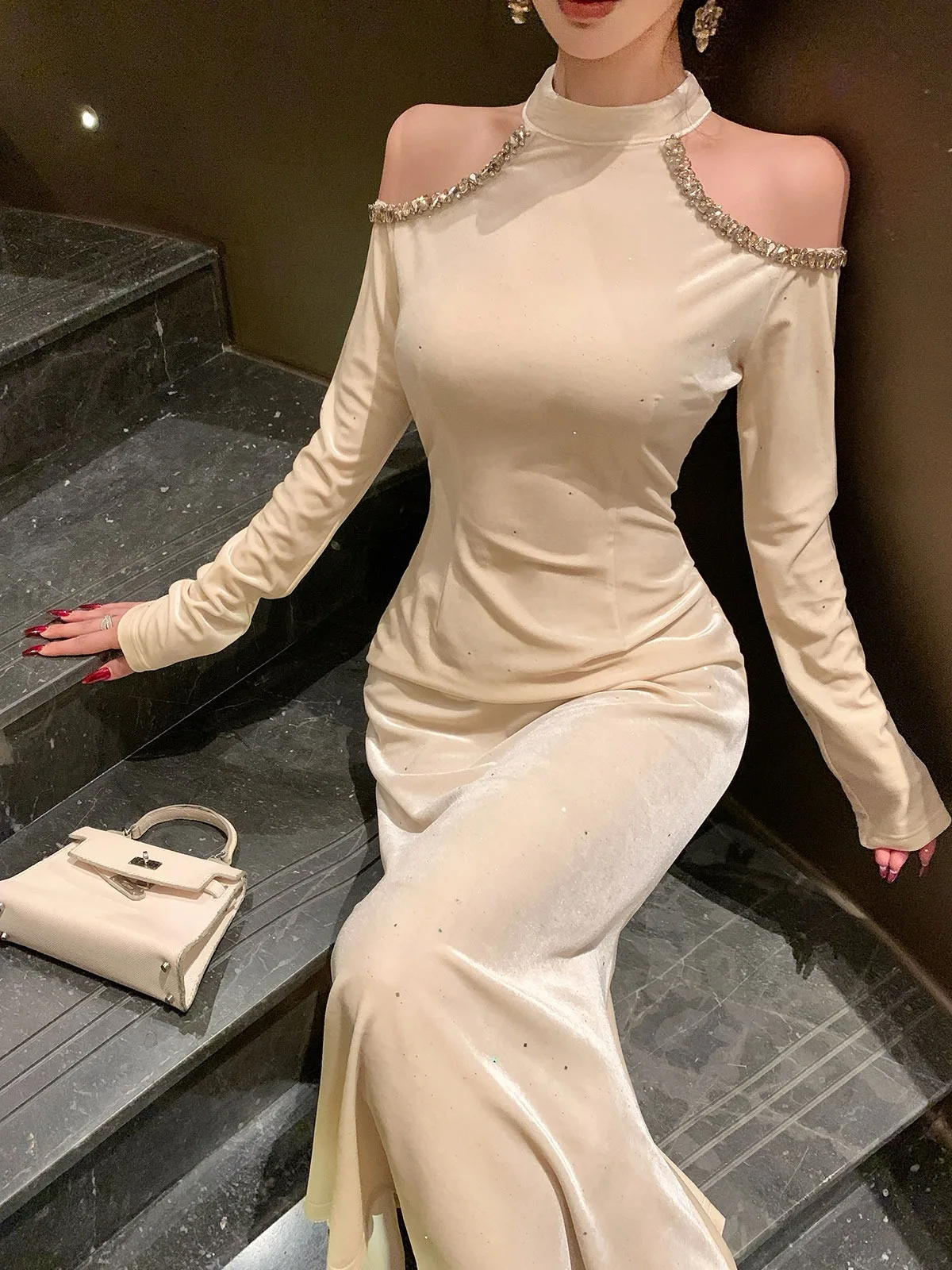 

Вечернее платье Ele Velvet Long Dr с блестящими пайетками, сексуальное, с открытыми плечами, с завышенной талией, на молнии
