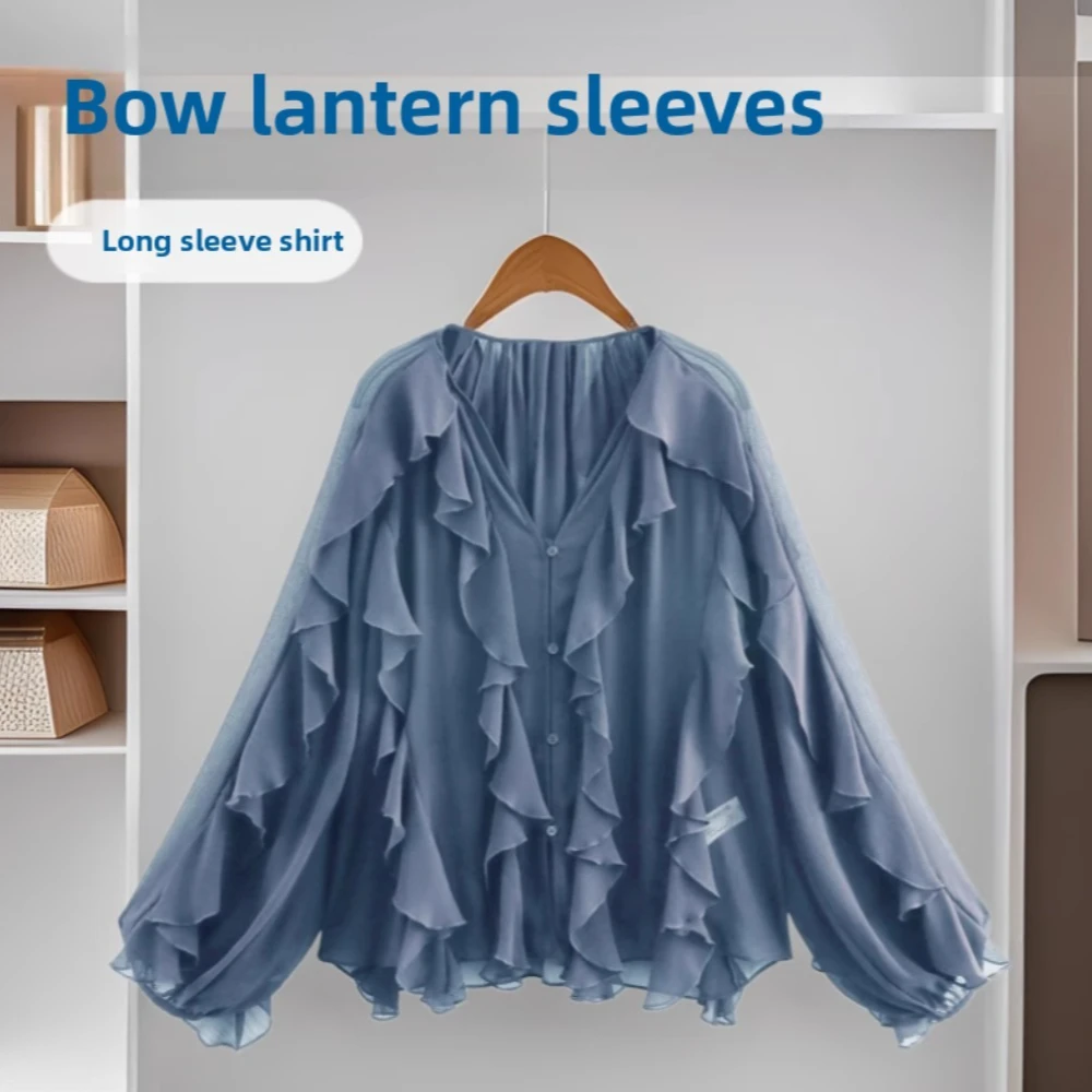 Casual Rüschen Hemd Frauen Lose Spitze Up Aushöhlen V-ausschnitt Tops Frühling Blusen Frauen Kleidung