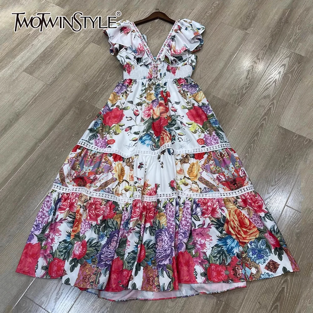 

TWOTWINSTYLE Elegant Vintage Slimming Dresses For Women V Neck Sleeveless High Waist Temperament Dress Female Fashion KDR510444