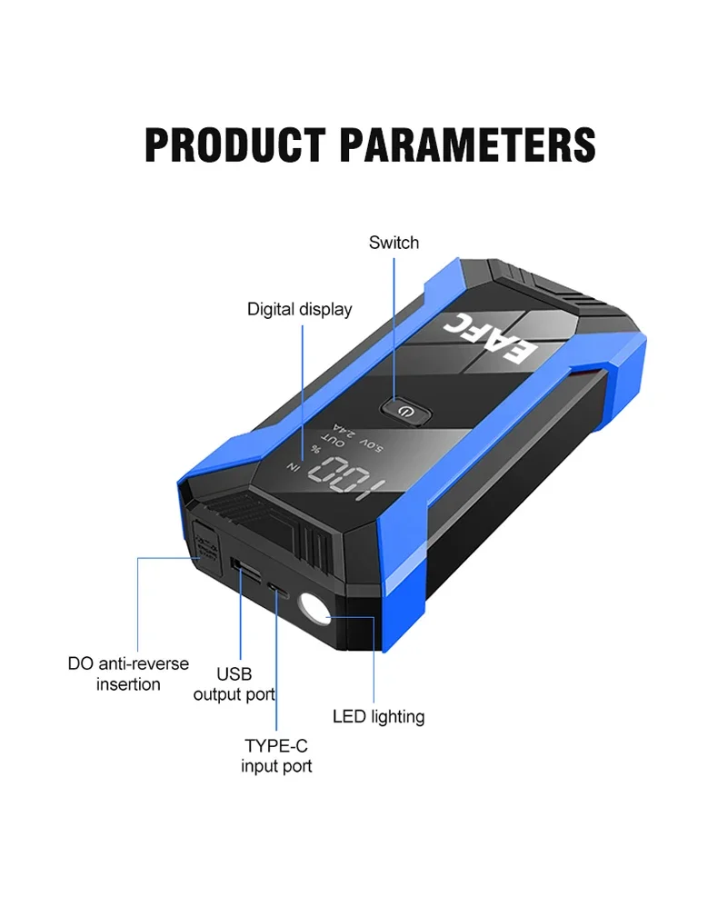EAFC Auto Starthilfe Power Bank Spitzenstrom 1200A/2000A Tragbarer Auto-Booster Notfall-Batterieladegerät 12V Startgerät – Detail 8
