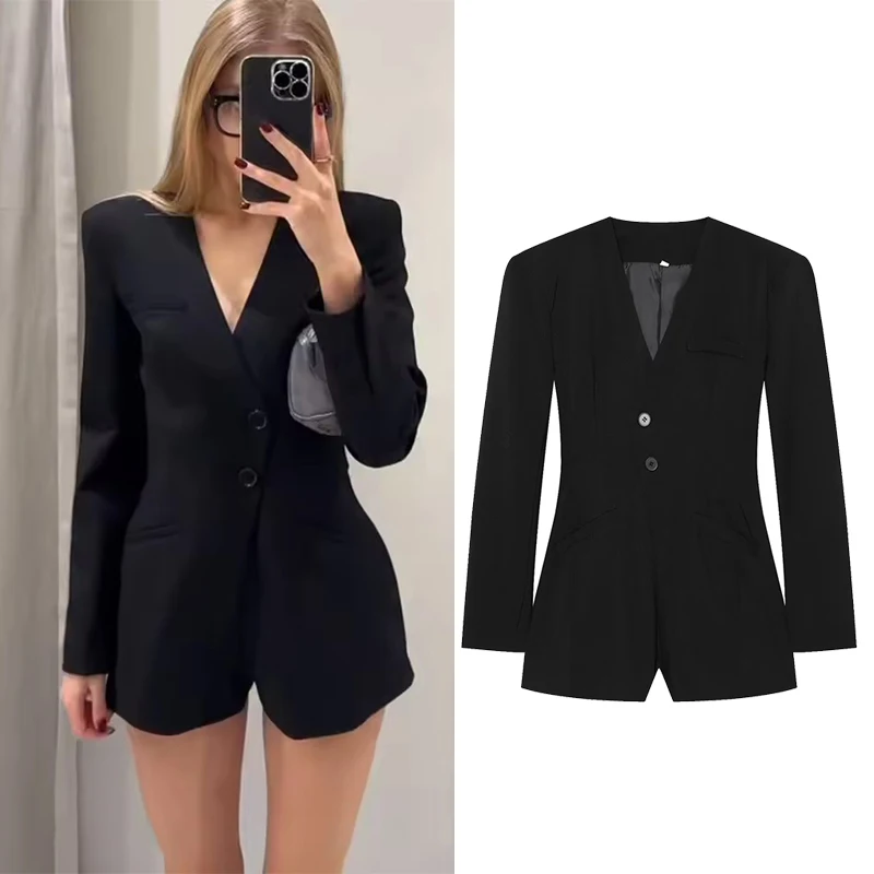 

Women Suit Short Jumpsuit Elegant Solid Blazer V-Neck Slim Long Sleeve Sexy Bodysuit Streetwear Female Black Rompers New