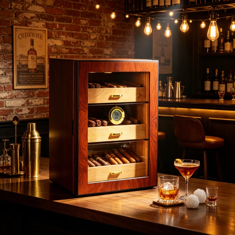 

Деревянный хьюмидор на 100 сигар с цифровым гигрометром, стеклянной дверцей, контролем температуры и влажности, для домашнего бара