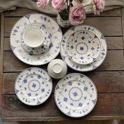 Flate Plate Ceramic Chinese Dinner Tool Blue White Floral Porcelain Tableware Soup Salver Cereal Bowl Household Breakfast Tray