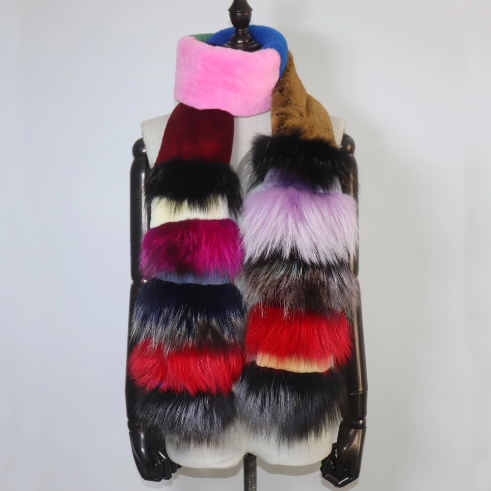 Neu eingetroffen: Modischer, farbenfroher Echtfellschal für Damen, natürlicher, warmer, langer Rex-Kaninchenfellschal, dicker Echtfuchs-Fellschal für Damen. – Detail 3