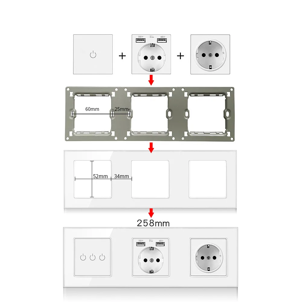 Ue branco cristal temperado painel de vidro interruptor de luz de toque alemão-francês tomada de parede com interruptor usb rj45 módulo combinação diy