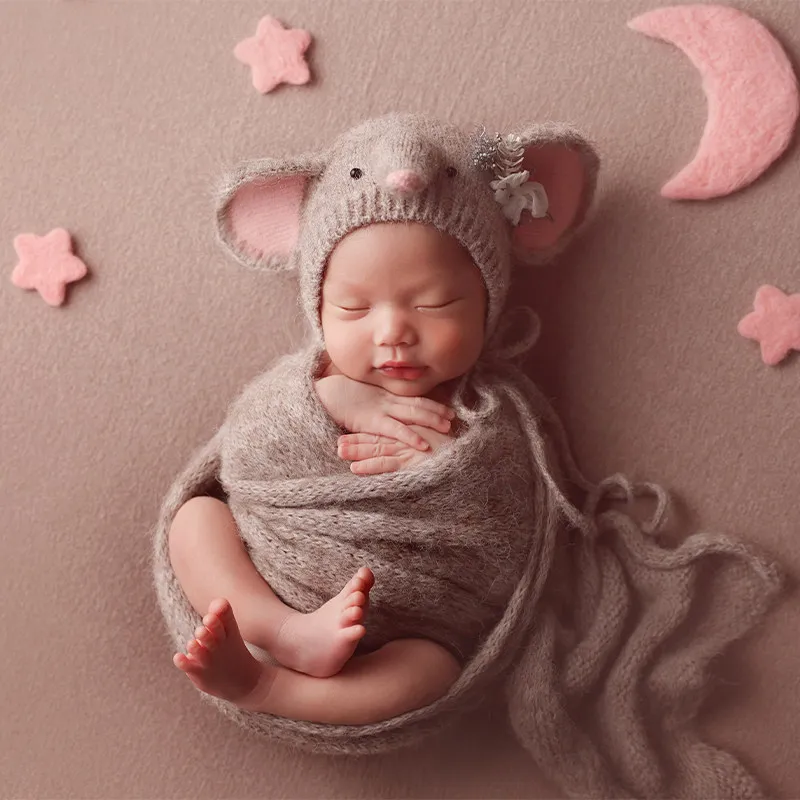 Newborn Photography Props Cute Elephant Knitted Hat with Wrap Wool Strars Moon Wrap Bunny Doll Set for Studio Photoshoot Decor