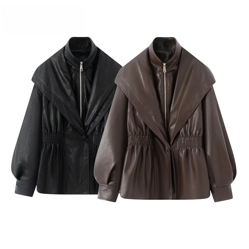 

Waed PU Leather Jaet Women's Autumn Faion Slimming Waist Design American Sle Fake Two-Piece Outerwear Long Sve Pol...