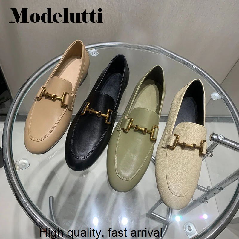 

Fashion 2023 Autumn Women Genuine Leather Round Head Flat Loafers Solid Simple Casual Versatile Slip-On Shoes Female