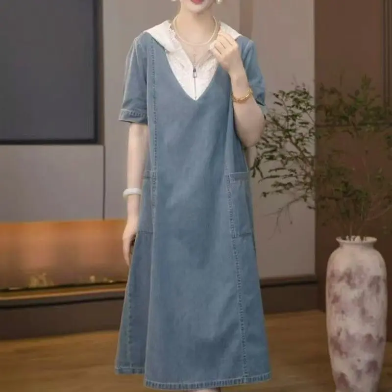 

Simple V Neck Denim Dress With Lace Trim And Pockets For Women Casual Spring Summer Style A Line Loose Fit