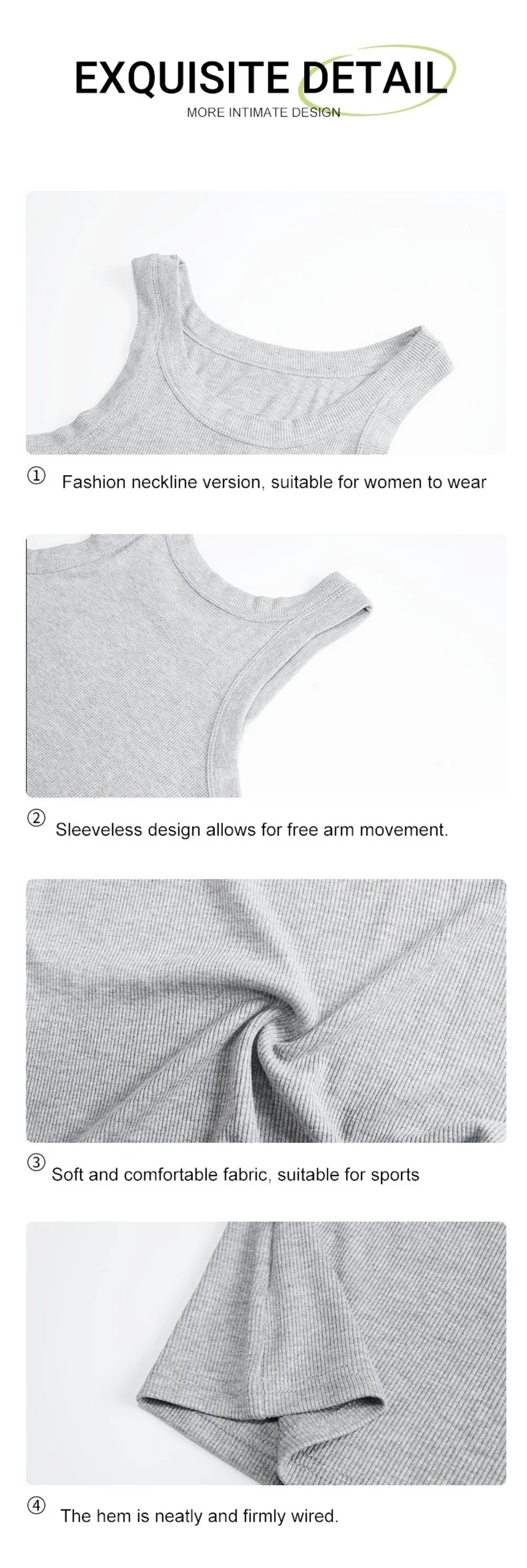 Sommer Einfarbige Tanktops aus Baumwolle für Damen Ärmellose Enge Gerippte Weiße Modische Strick-Weste mit Trägern Lässige Fitness Sportliche Basis-Kleidung – Detail 6