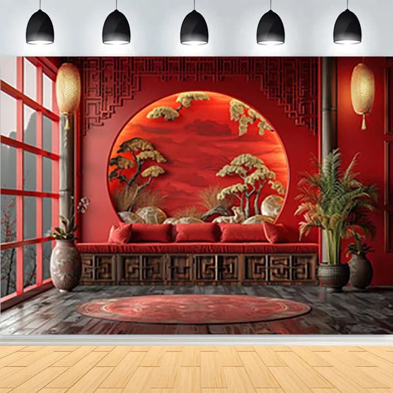 

Elegant Chinese New Year Decor Photography Backdrops Red Lanterns Flowers Decorated Spring Festive Photo Background DL-01