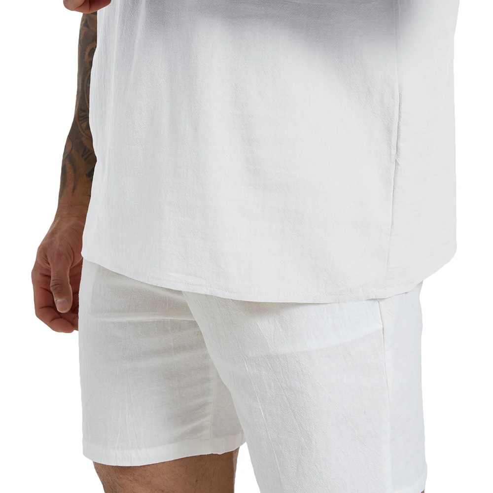 Sommer-Herren-T-Shirt, einfarbig, halb geknöpft, Henley-Ausschnitt, lässige Kurzarm-Oberteile, Baumwolle, Leinen, bequem, leicht, klassische T-Shirts – Detail 5
