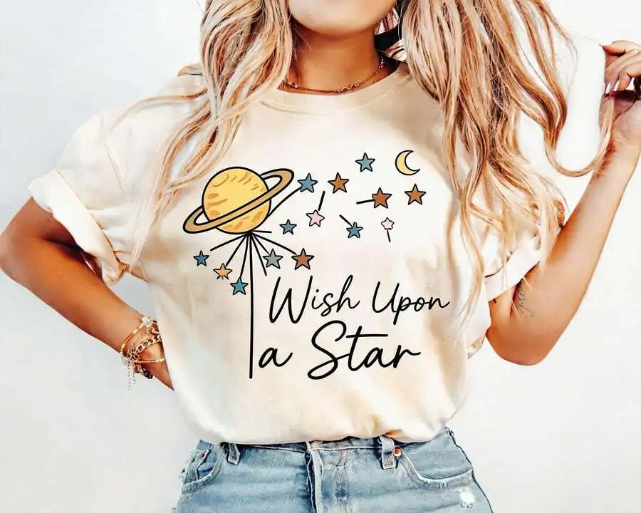 Space Novelty Apparel T‑Shirt Wish Upon A Star Planet Cosmic Theme Crew Neck Short Sleeve Vacation Back To School Casual Graphic Tops