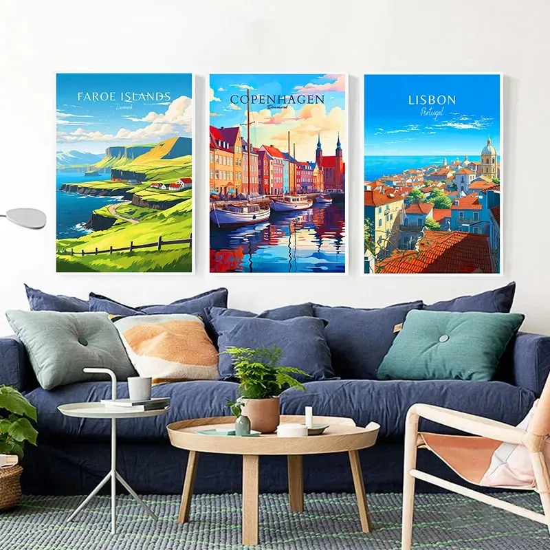 1pc frameless  Denmark Portugal Holland Travel Poster Copenhagen Madeira Porto Canvas Painting Wall Art HD Picture for Living Ro