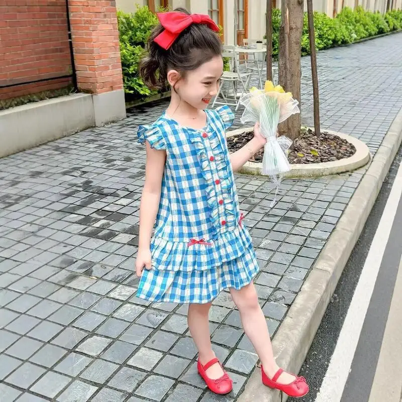 Sweet Girl Summer New Checkered Dress Cute Children's T-Shirt Wide Leg Pants Comfortable Skin Friendly Baby Set Sweat Wicking ﻿