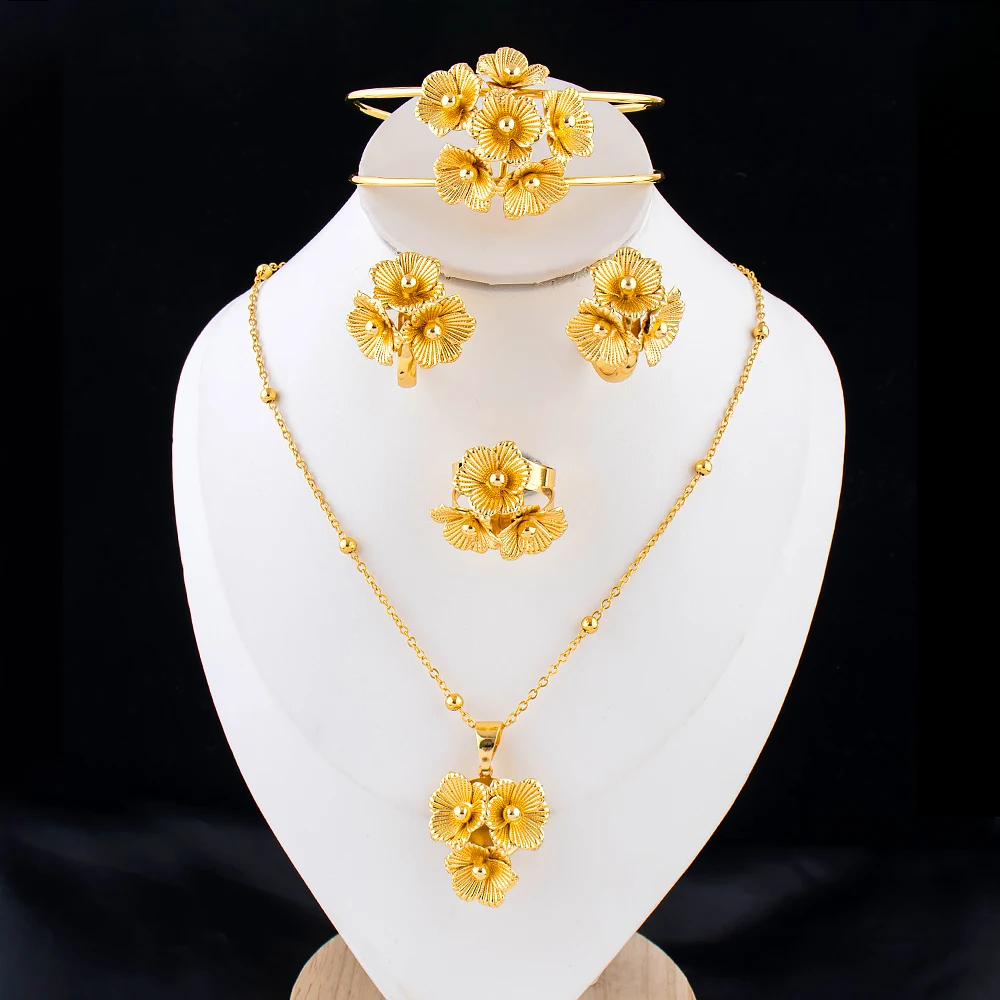 Dubai Blumen-Schmuckset Halskette Ohrringe Armband und Ring Damen-Accessoires Perfekt für Hochzeiten Geschenke und Großhandel – Detail 9