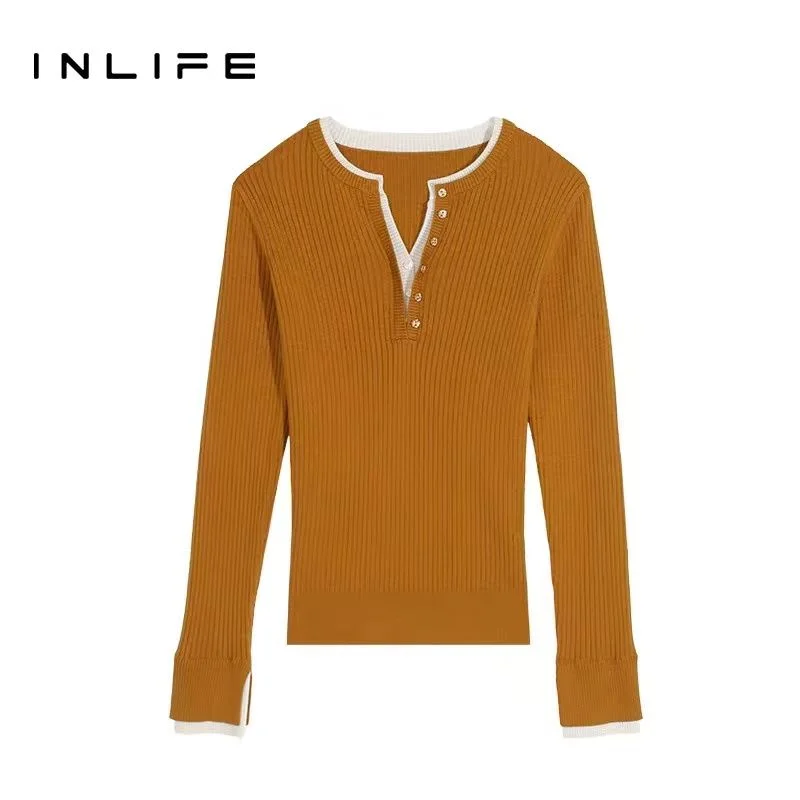 

Вязаный свитер для женщин, серый контрастный воротник, новый стиль, темпераментная нижняя рубашка, топ