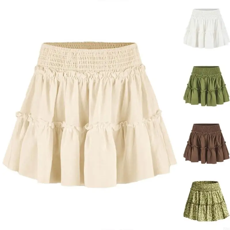 77HE Skirts for Women Casual Beach Ruffle Flowy Skorts Swing Skirt with Shorts Underneath