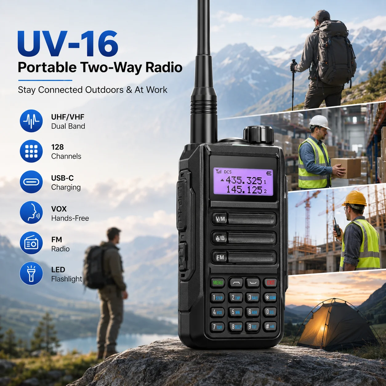 UV-16 Business Walkie Talkie USB-C Charging Two Way Radio 128CH UHF VHF Dual Standby Handheld Transceiver for Security Warehouse