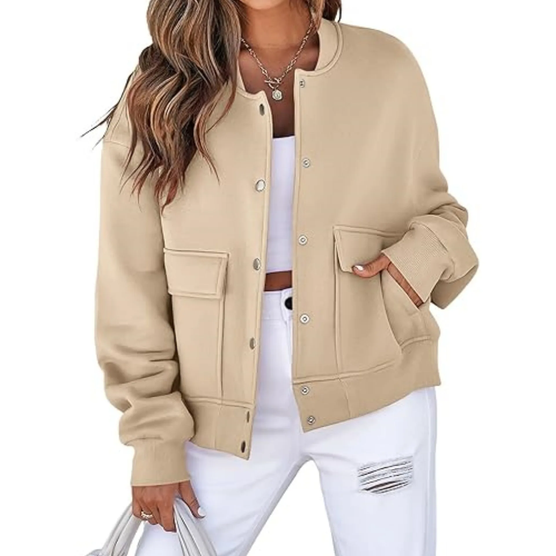 เสื้อแจ็คเก็ตสั้นแฟชั่นผู้หญิงคอลเลคชั่นฤดูใบไม้ร่วงปี 2025 คอกลม ผ้าริบ มีกระเป๋าคู่