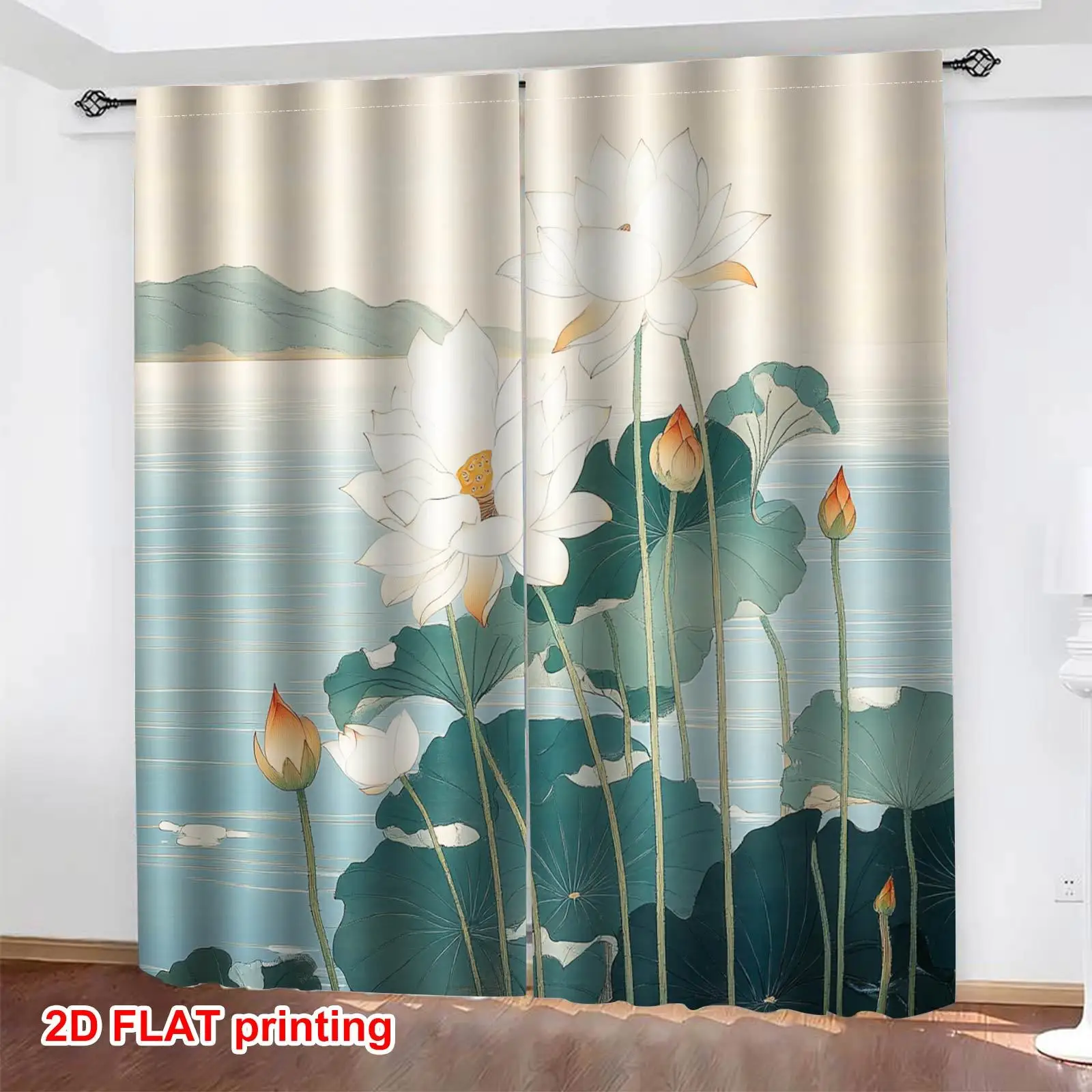 2pc Oriental landscape and lotus pattern curtains, made of polyester fabric machine washable, suitable for bedrooms living rooms